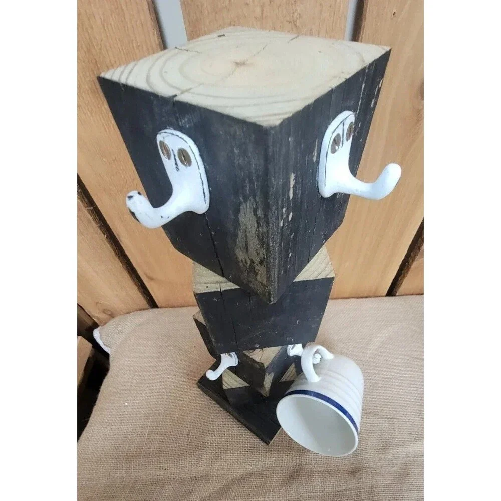Mug Holder Wooden Rustic Farmhouse Coffee Cup Holds 8 Rotating Base Handmade